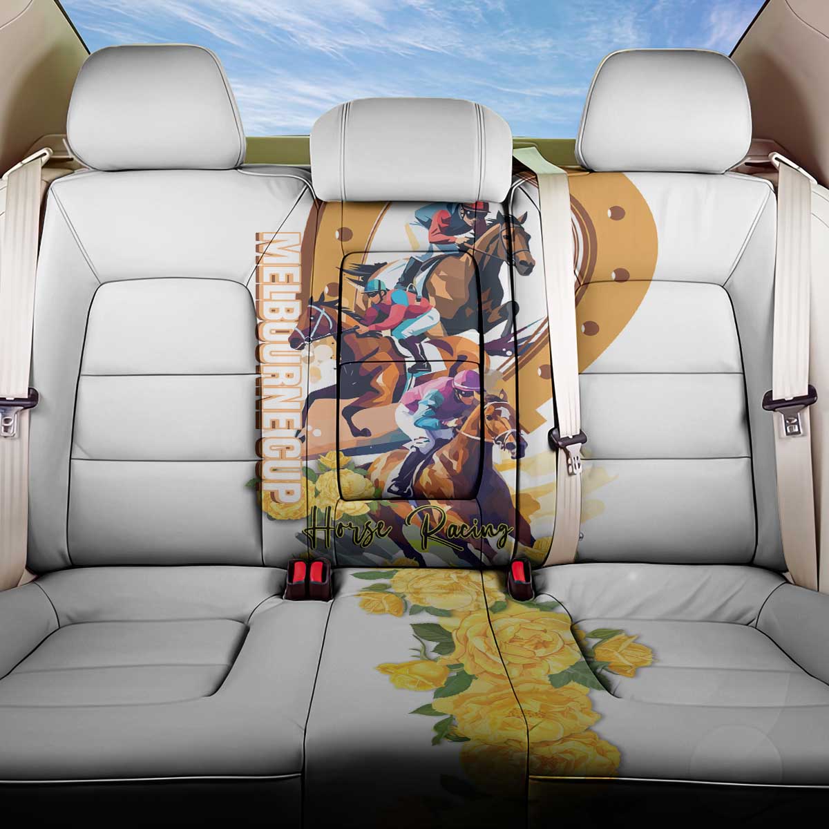 Melbourne Cup Australia Back Car Seat Cover Horse Racing Horseshoe Mix Yellow Roses - Wonder Print Shop