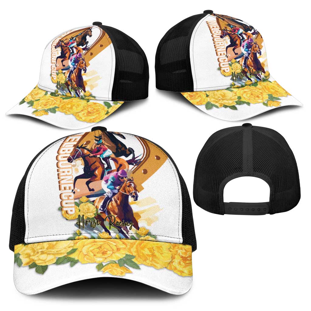 Melbourne Cup Australia Baseball Net Cap Horse Racing Horseshoe Mix Yellow Roses - Wonder Print Shop