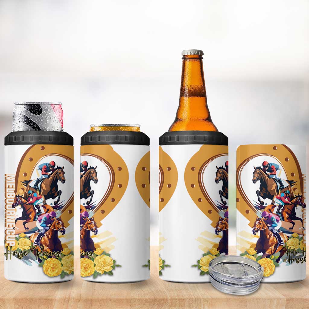 Melbourne Cup Australia 4 in 1 Can Cooler Tumbler Horse Racing Horseshoe Mix Yellow Roses - Wonder Print Shop