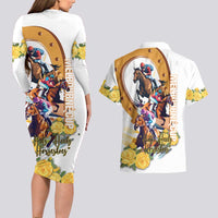 Melbourne Cup Australia Couples Matching Long Sleeve Bodycon Dress and Hawaiian Shirt Horse Racing Horseshoe Mix Yellow Roses - Wonder Print Shop