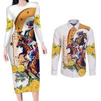 Melbourne Cup Australia Couples Matching Long Sleeve Bodycon Dress and Long Sleeve Button Shirt Horse Racing Horseshoe Mix Yellow Roses - Wonder Print Shop
