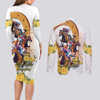 Melbourne Cup Australia Couples Matching Long Sleeve Bodycon Dress and Long Sleeve Button Shirt Horse Racing Horseshoe Mix Yellow Roses - Wonder Print Shop