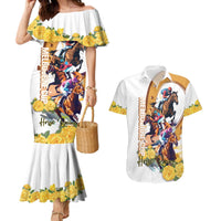 Melbourne Cup Australia Couples Matching Mermaid Dress and Hawaiian Shirt Horse Racing Horseshoe Mix Yellow Roses - Wonder Print Shop