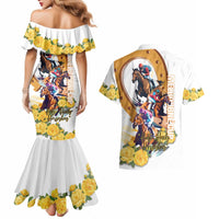 Melbourne Cup Australia Couples Matching Mermaid Dress and Hawaiian Shirt Horse Racing Horseshoe Mix Yellow Roses - Wonder Print Shop
