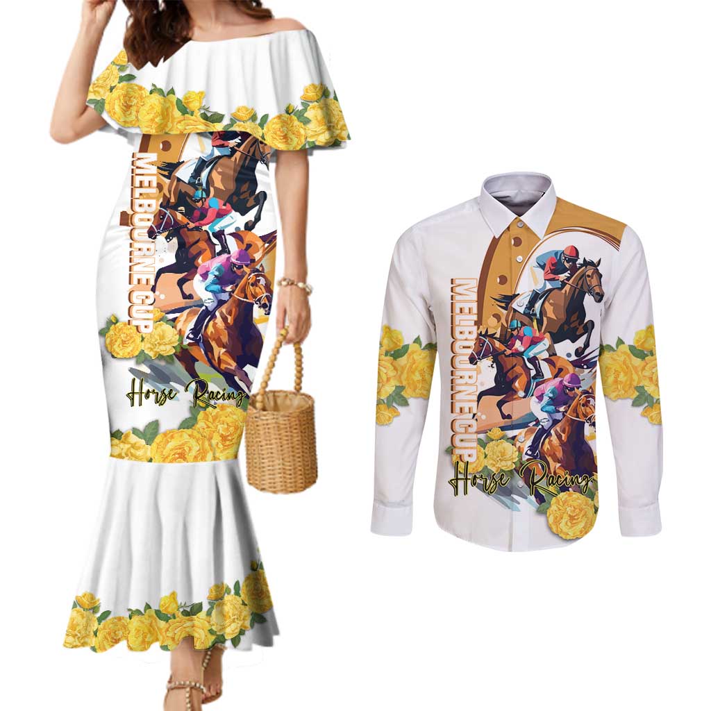 Melbourne Cup Australia Couples Matching Mermaid Dress and Long Sleeve Button Shirt Horse Racing Horseshoe Mix Yellow Roses - Wonder Print Shop