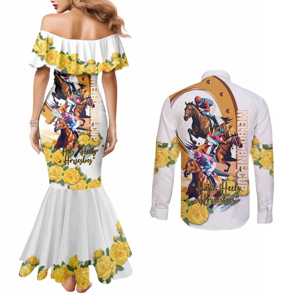 Melbourne Cup Australia Couples Matching Mermaid Dress and Long Sleeve Button Shirt Horse Racing Horseshoe Mix Yellow Roses - Wonder Print Shop