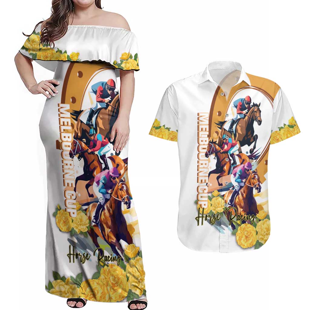 Melbourne Cup Australia Couples Matching Off Shoulder Maxi Dress and Hawaiian Shirt Horse Racing Horseshoe Mix Yellow Roses - Wonder Print Shop