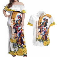 Melbourne Cup Australia Couples Matching Off Shoulder Maxi Dress and Hawaiian Shirt Horse Racing Horseshoe Mix Yellow Roses - Wonder Print Shop