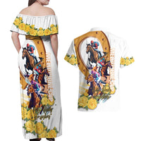 Melbourne Cup Australia Couples Matching Off Shoulder Maxi Dress and Hawaiian Shirt Horse Racing Horseshoe Mix Yellow Roses - Wonder Print Shop