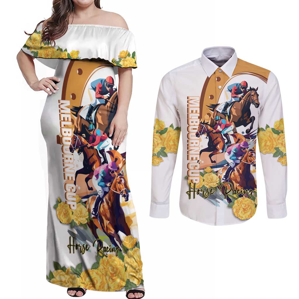 Melbourne Cup Australia Couples Matching Off Shoulder Maxi Dress and Long Sleeve Button Shirt Horse Racing Horseshoe Mix Yellow Roses - Wonder Print Shop