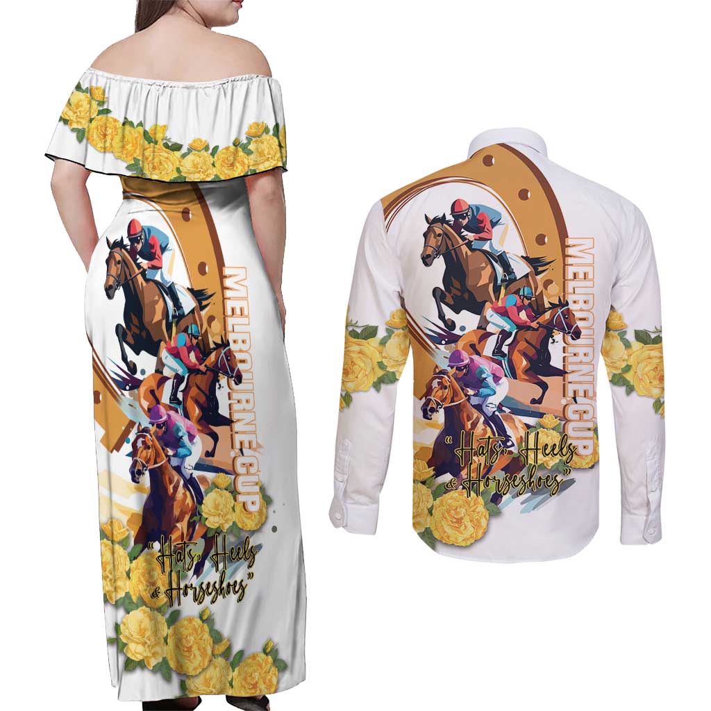 Melbourne Cup Australia Couples Matching Off Shoulder Maxi Dress and Long Sleeve Button Shirt Horse Racing Horseshoe Mix Yellow Roses - Wonder Print Shop