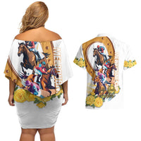 Melbourne Cup Australia Couples Matching Off Shoulder Short Dress and Hawaiian Shirt Horse Racing Horseshoe Mix Yellow Roses - Wonder Print Shop