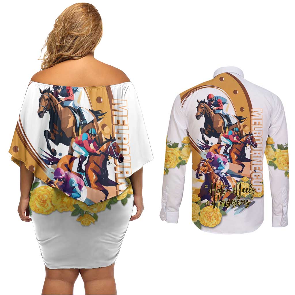 Melbourne Cup Australia Couples Matching Off Shoulder Short Dress and Long Sleeve Button Shirt Horse Racing Horseshoe Mix Yellow Roses - Wonder Print Shop