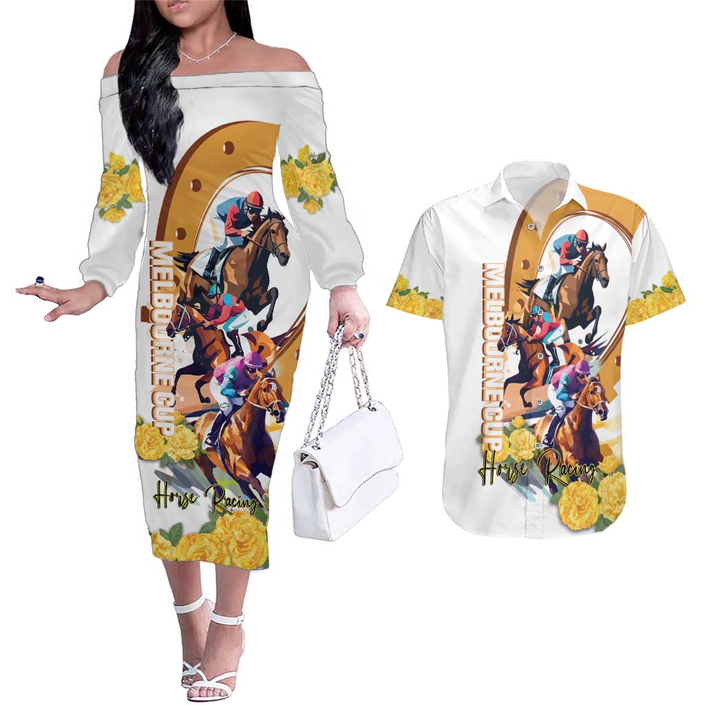 Melbourne Cup Australia Couples Matching Off The Shoulder Long Sleeve Dress and Hawaiian Shirt Horse Racing Horseshoe Mix Yellow Roses - Wonder Print Shop