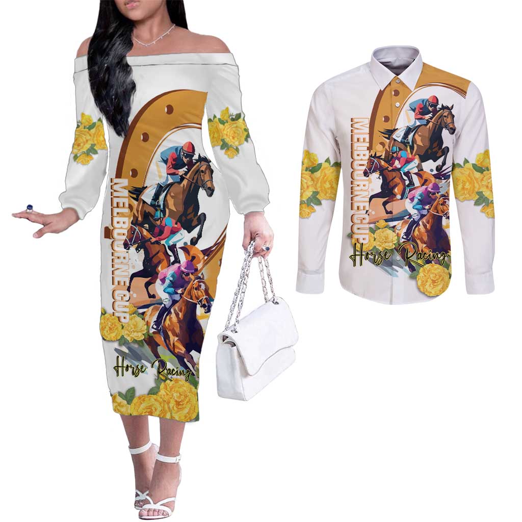 Melbourne Cup Australia Couples Matching Off The Shoulder Long Sleeve Dress and Long Sleeve Button Shirt Horse Racing Horseshoe Mix Yellow Roses - Wonder Print Shop