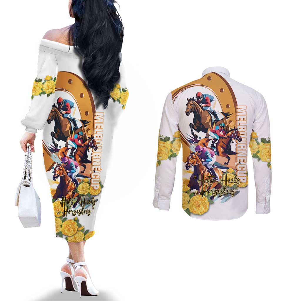 Melbourne Cup Australia Couples Matching Off The Shoulder Long Sleeve Dress and Long Sleeve Button Shirt Horse Racing Horseshoe Mix Yellow Roses - Wonder Print Shop
