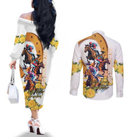 Melbourne Cup Australia Couples Matching Off The Shoulder Long Sleeve Dress and Long Sleeve Button Shirt Horse Racing Horseshoe Mix Yellow Roses - Wonder Print Shop