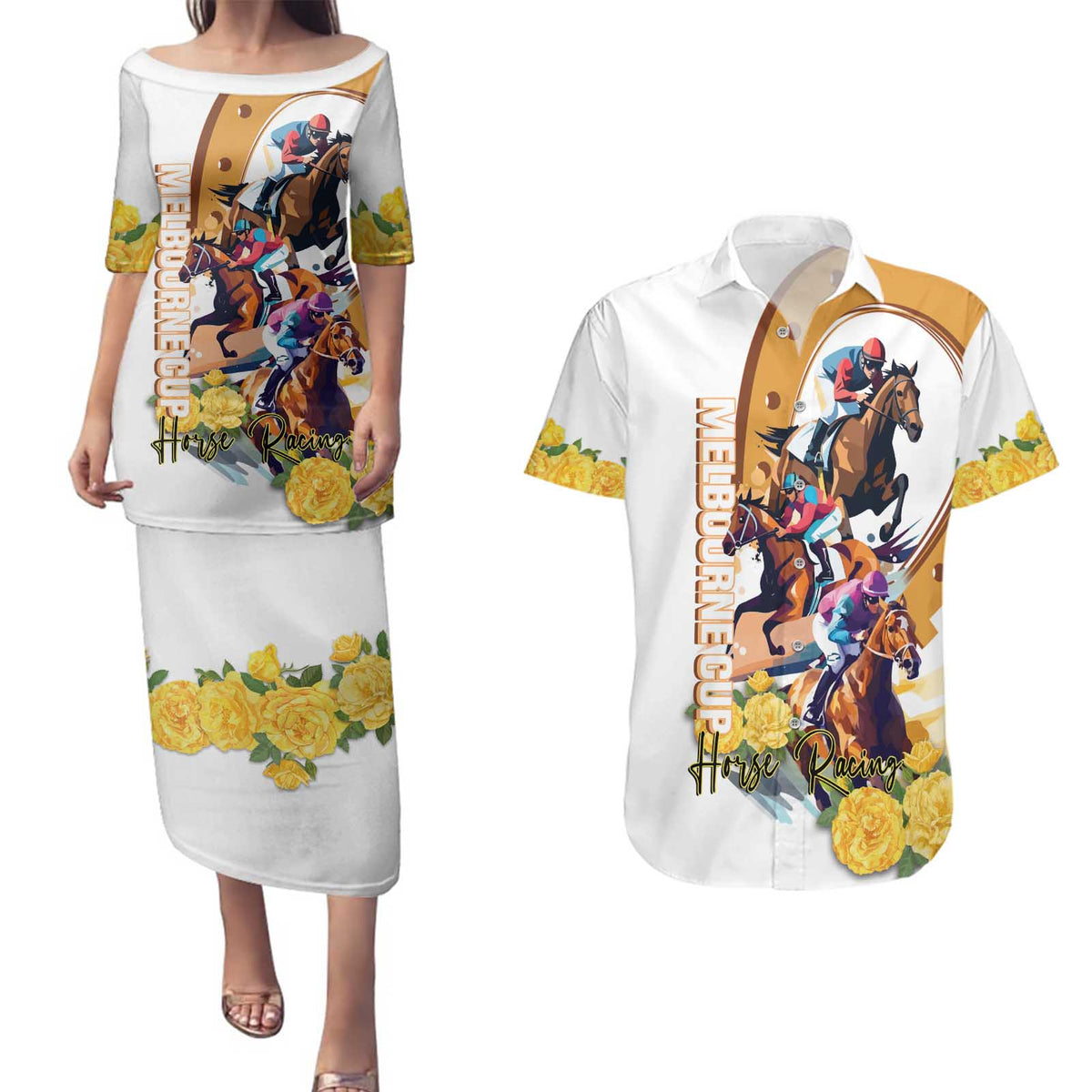 Melbourne Cup Australia Couples Matching Puletasi and Hawaiian Shirt Horse Racing Horseshoe Mix Yellow Roses - Wonder Print Shop