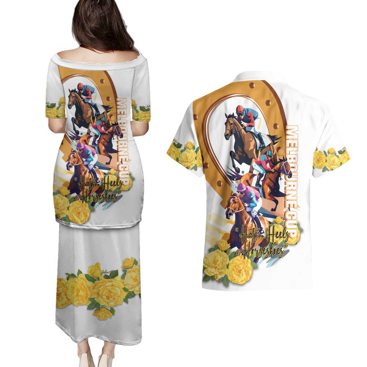 Melbourne Cup Australia Couples Matching Puletasi and Hawaiian Shirt Horse Racing Horseshoe Mix Yellow Roses - Wonder Print Shop