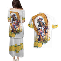 Melbourne Cup Australia Couples Matching Puletasi and Hawaiian Shirt Horse Racing Horseshoe Mix Yellow Roses - Wonder Print Shop