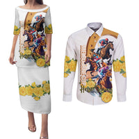 Melbourne Cup Australia Couples Matching Puletasi and Long Sleeve Button Shirt Horse Racing Horseshoe Mix Yellow Roses - Wonder Print Shop