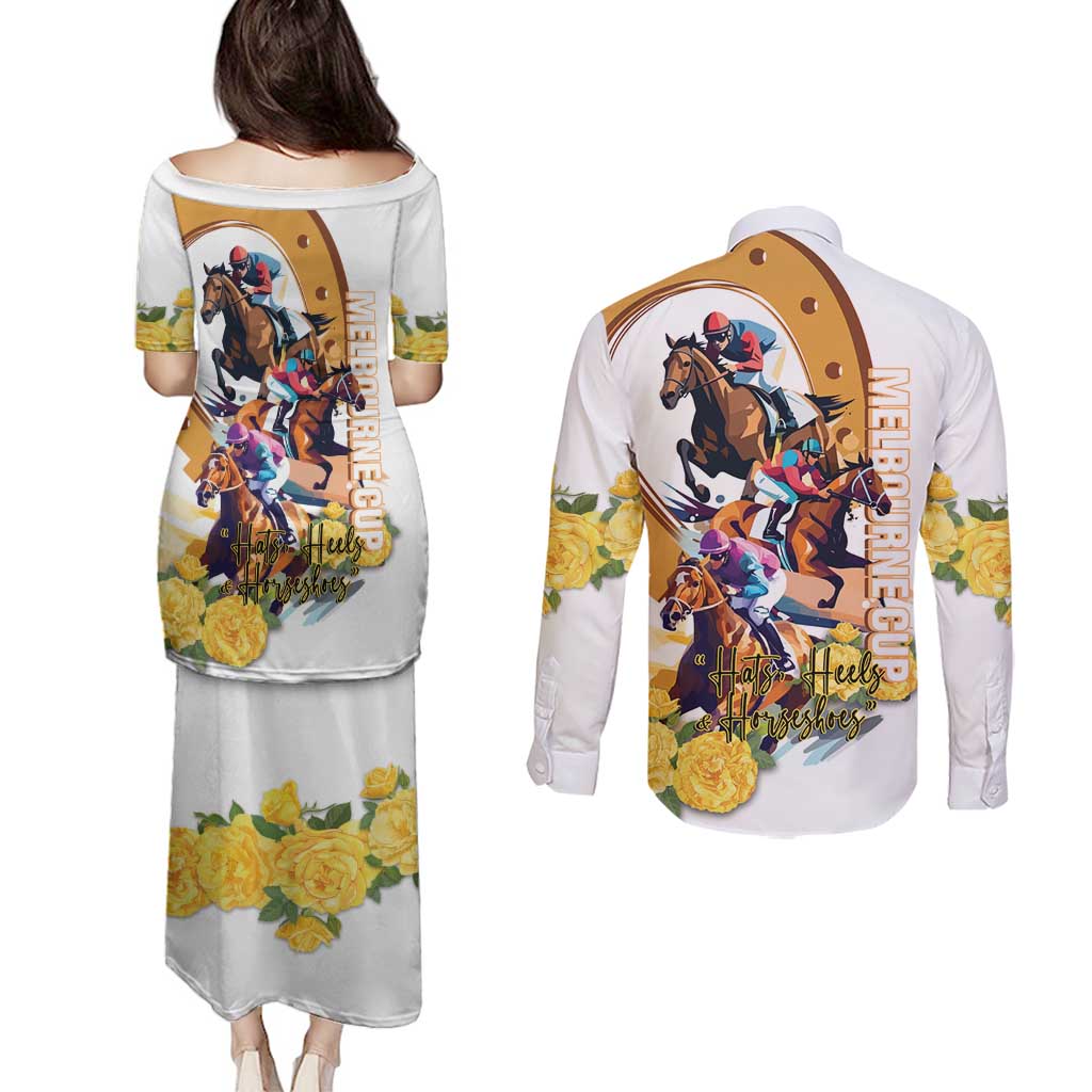 Melbourne Cup Australia Couples Matching Puletasi and Long Sleeve Button Shirt Horse Racing Horseshoe Mix Yellow Roses - Wonder Print Shop