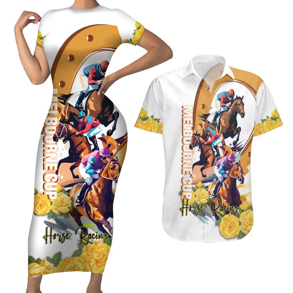Melbourne Cup Australia Couples Matching Short Sleeve Bodycon Dress and Hawaiian Shirt Horse Racing Horseshoe Mix Yellow Roses - Wonder Print Shop