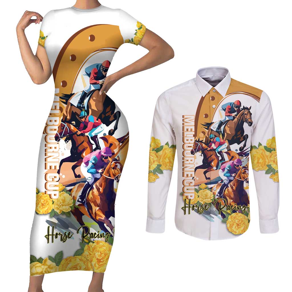Melbourne Cup Australia Couples Matching Short Sleeve Bodycon Dress and Long Sleeve Button Shirt Horse Racing Horseshoe Mix Yellow Roses - Wonder Print Shop