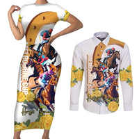 Melbourne Cup Australia Couples Matching Short Sleeve Bodycon Dress and Long Sleeve Button Shirt Horse Racing Horseshoe Mix Yellow Roses - Wonder Print Shop