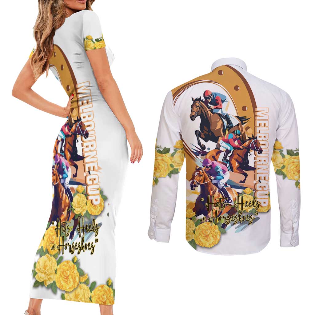 Melbourne Cup Australia Couples Matching Short Sleeve Bodycon Dress and Long Sleeve Button Shirt Horse Racing Horseshoe Mix Yellow Roses - Wonder Print Shop