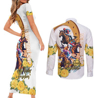 Melbourne Cup Australia Couples Matching Short Sleeve Bodycon Dress and Long Sleeve Button Shirt Horse Racing Horseshoe Mix Yellow Roses - Wonder Print Shop
