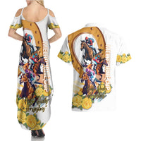 Melbourne Cup Australia Couples Matching Summer Maxi Dress and Hawaiian Shirt Horse Racing Horseshoe Mix Yellow Roses - Wonder Print Shop