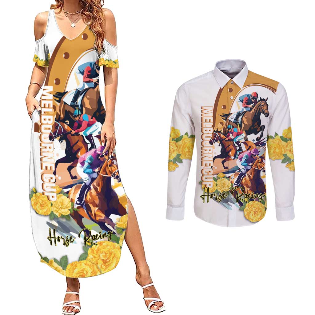 Melbourne Cup Australia Couples Matching Summer Maxi Dress and Long Sleeve Button Shirt Horse Racing Horseshoe Mix Yellow Roses - Wonder Print Shop