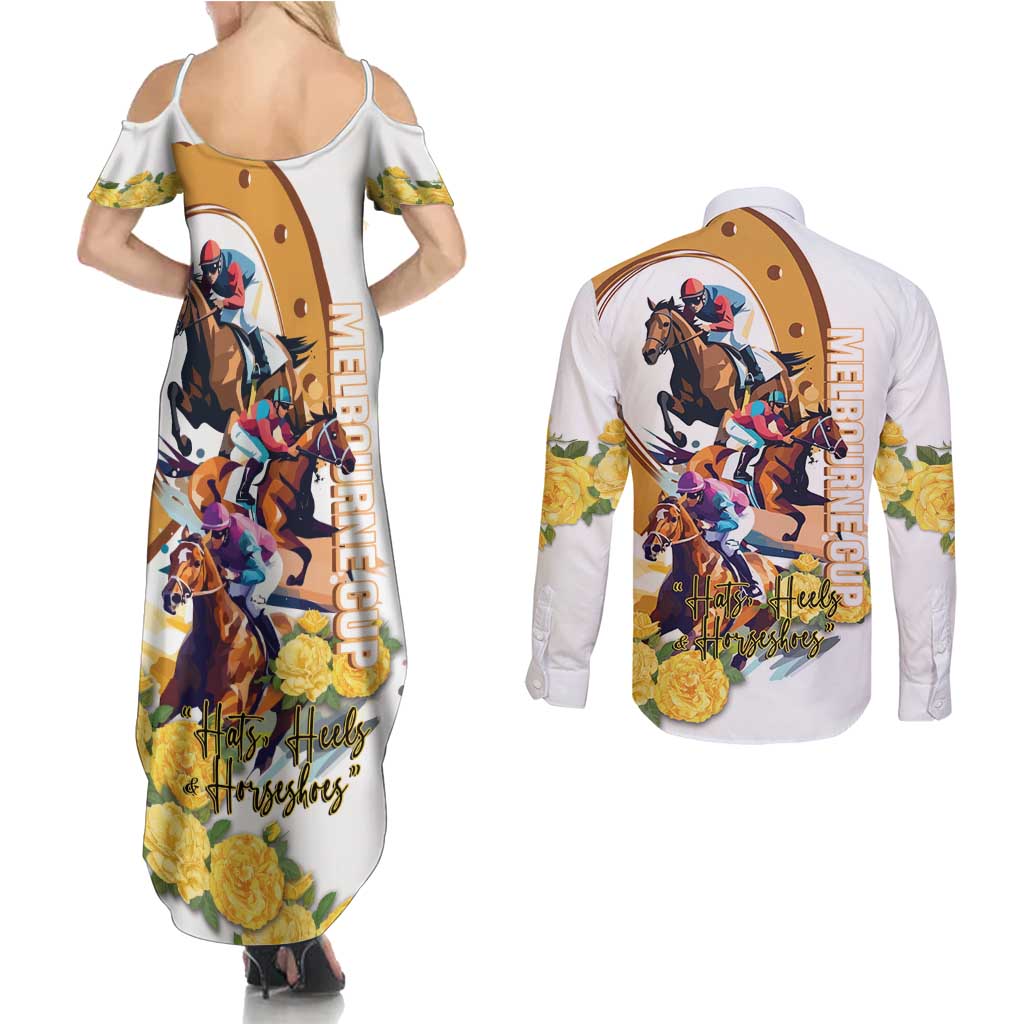 Melbourne Cup Australia Couples Matching Summer Maxi Dress and Long Sleeve Button Shirt Horse Racing Horseshoe Mix Yellow Roses - Wonder Print Shop