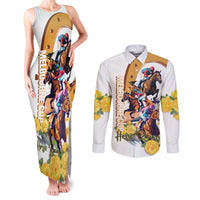 Melbourne Cup Australia Couples Matching Tank Maxi Dress and Long Sleeve Button Shirt Horse Racing Horseshoe Mix Yellow Roses - Wonder Print Shop