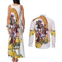 Melbourne Cup Australia Couples Matching Tank Maxi Dress and Long Sleeve Button Shirt Horse Racing Horseshoe Mix Yellow Roses - Wonder Print Shop