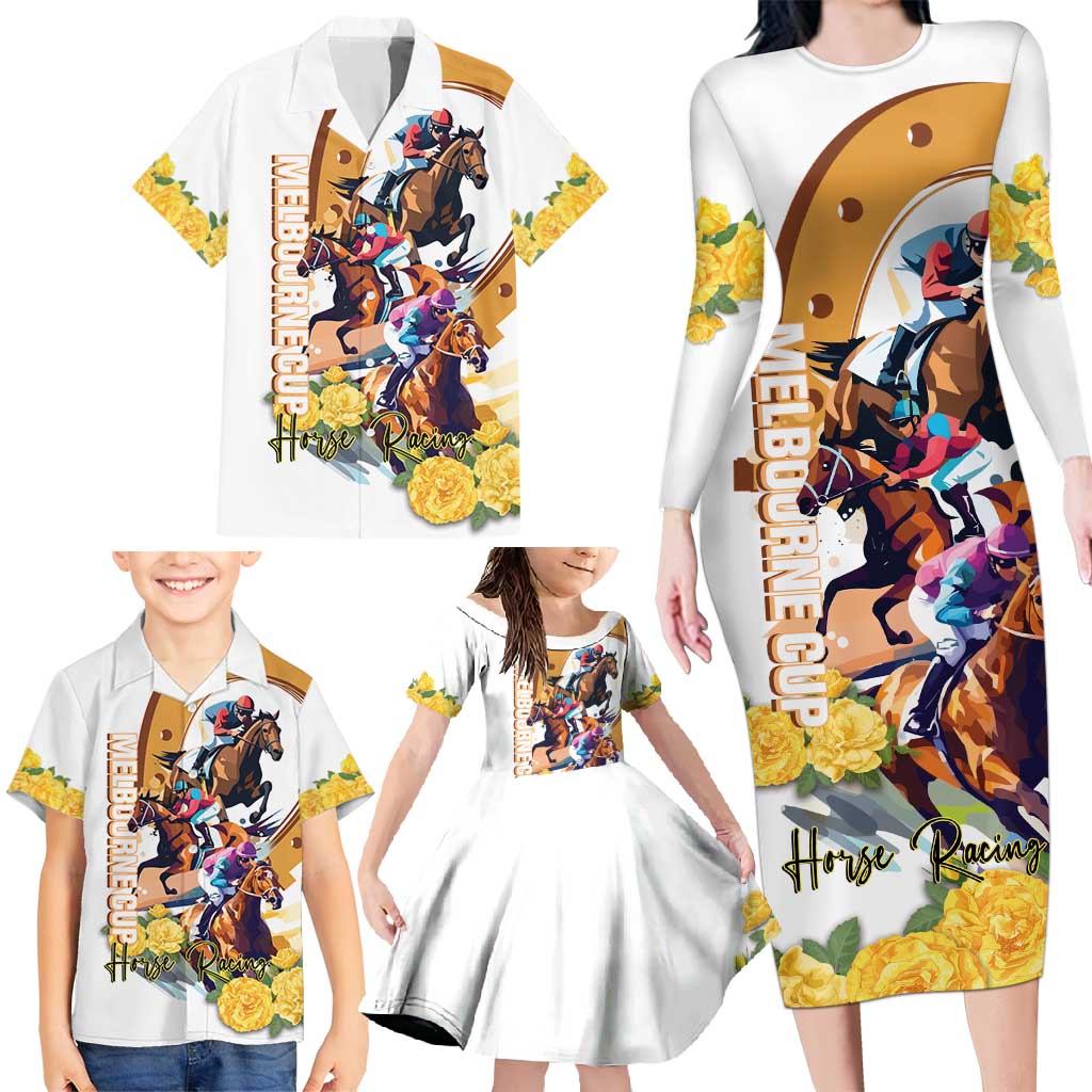 Melbourne Cup Australia Family Matching Long Sleeve Bodycon Dress and Hawaiian Shirt Horse Racing Horseshoe Mix Yellow Roses - Wonder Print Shop
