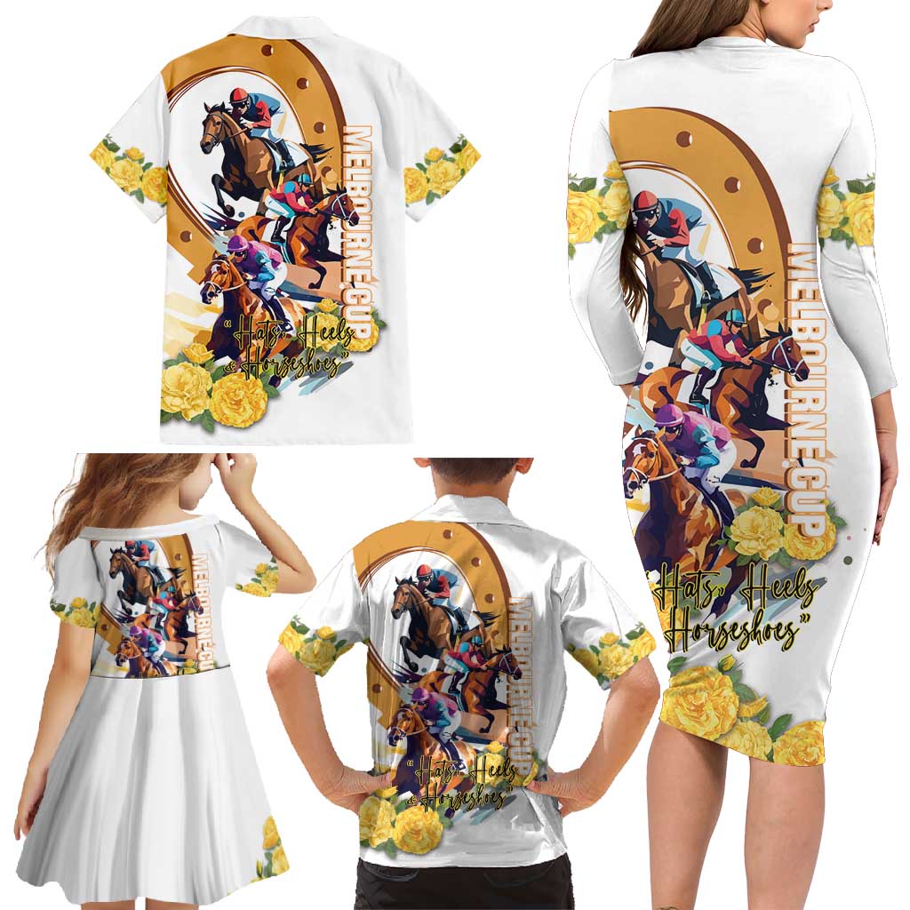 Melbourne Cup Australia Family Matching Long Sleeve Bodycon Dress and Hawaiian Shirt Horse Racing Horseshoe Mix Yellow Roses - Wonder Print Shop