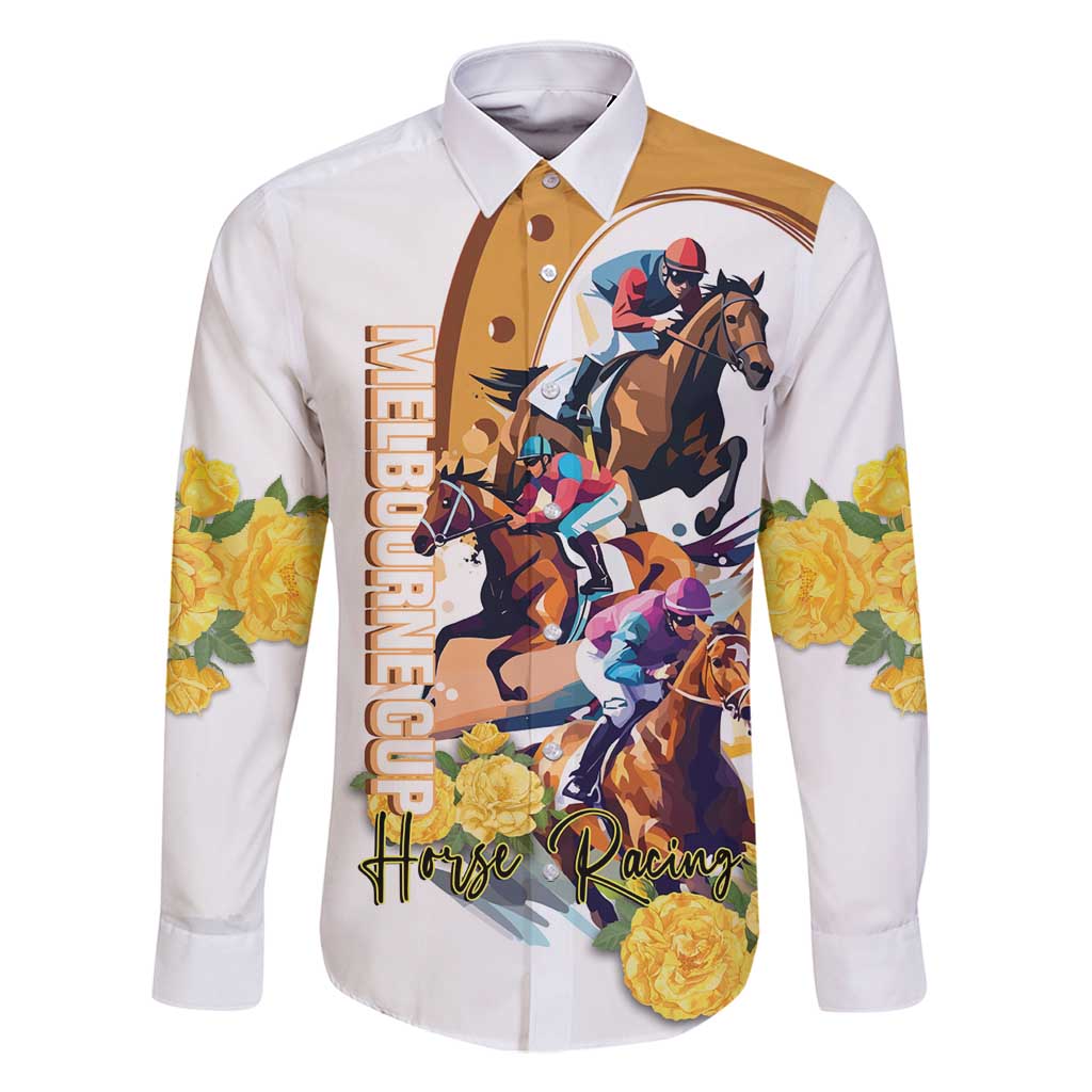 Melbourne Cup Australia Family Matching Long Sleeve Bodycon Dress and Hawaiian Shirt Horse Racing Horseshoe Mix Yellow Roses - Wonder Print Shop