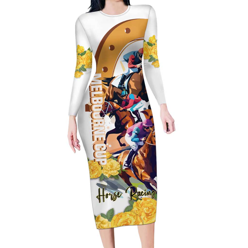 Melbourne Cup Australia Family Matching Long Sleeve Bodycon Dress and Hawaiian Shirt Horse Racing Horseshoe Mix Yellow Roses - Wonder Print Shop
