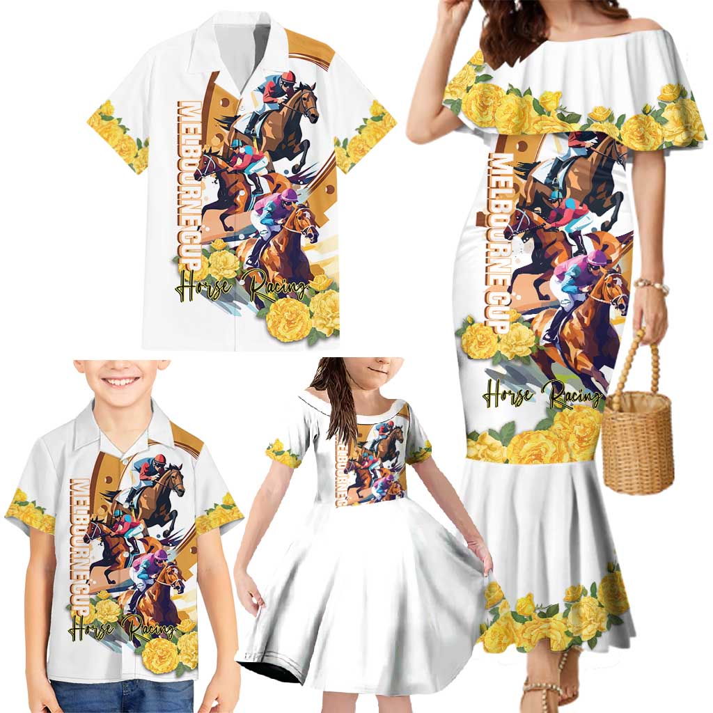 Melbourne Cup Australia Family Matching Mermaid Dress and Hawaiian Shirt Horse Racing Horseshoe Mix Yellow Roses - Wonder Print Shop
