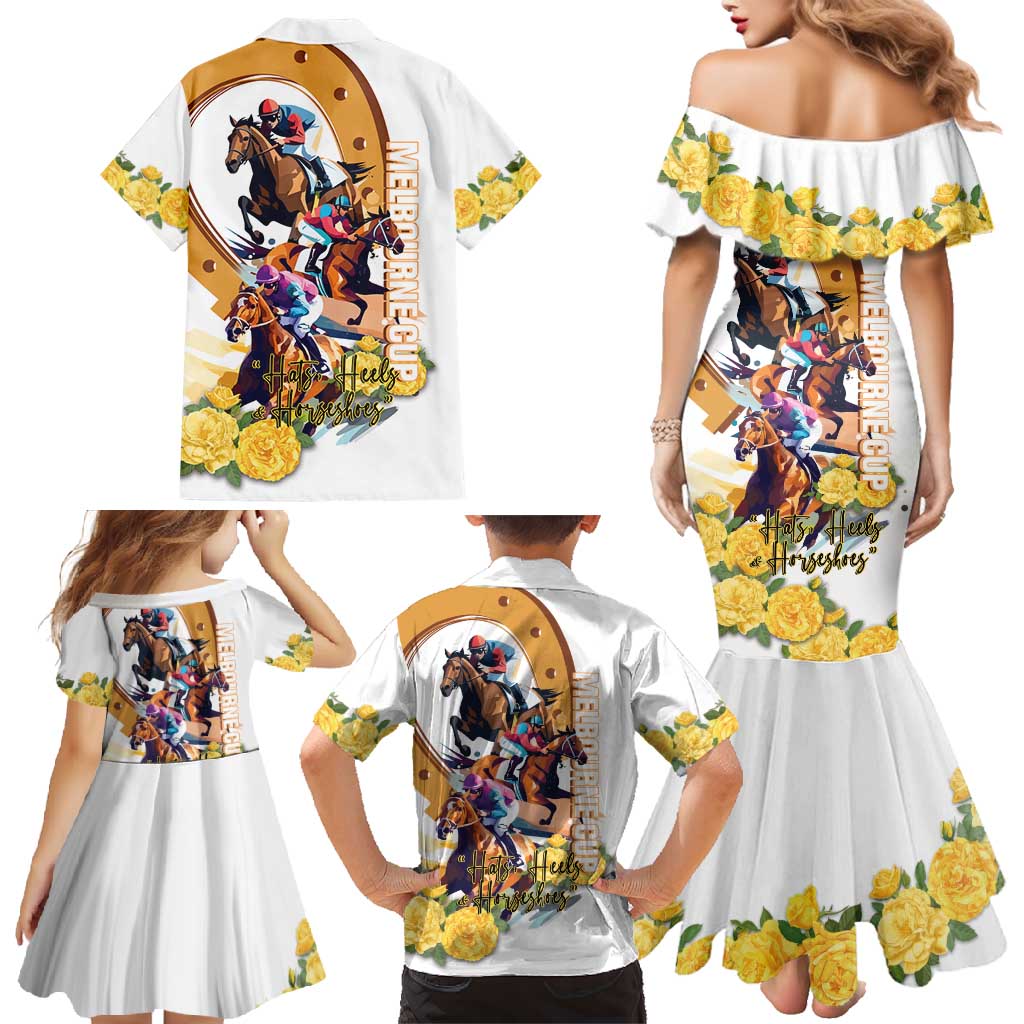 Melbourne Cup Australia Family Matching Mermaid Dress and Hawaiian Shirt Horse Racing Horseshoe Mix Yellow Roses - Wonder Print Shop