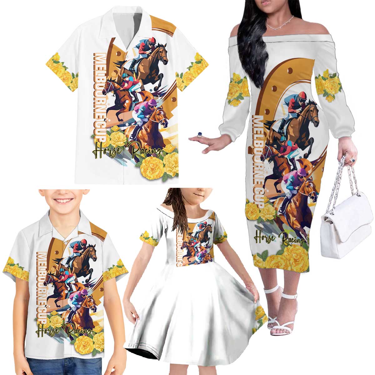 Melbourne Cup Australia Family Matching Off The Shoulder Long Sleeve Dress and Hawaiian Shirt Horse Racing Horseshoe Mix Yellow Roses - Wonder Print Shop