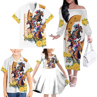 Melbourne Cup Australia Family Matching Off The Shoulder Long Sleeve Dress and Hawaiian Shirt Horse Racing Horseshoe Mix Yellow Roses - Wonder Print Shop