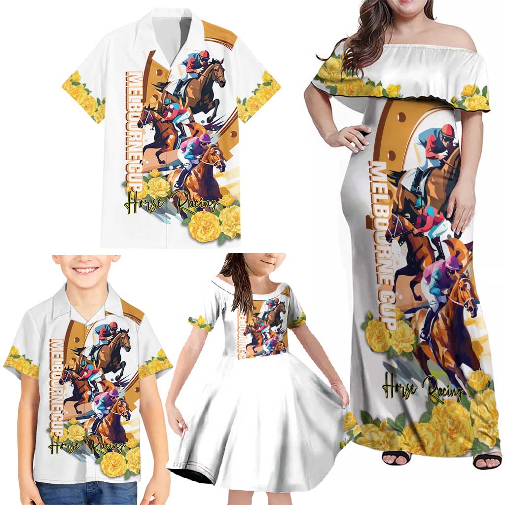 Melbourne Cup Australia Family Matching Off Shoulder Maxi Dress and Hawaiian Shirt Horse Racing Horseshoe Mix Yellow Roses - Wonder Print Shop