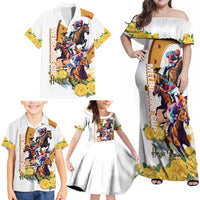 Melbourne Cup Australia Family Matching Off Shoulder Maxi Dress and Hawaiian Shirt Horse Racing Horseshoe Mix Yellow Roses - Wonder Print Shop