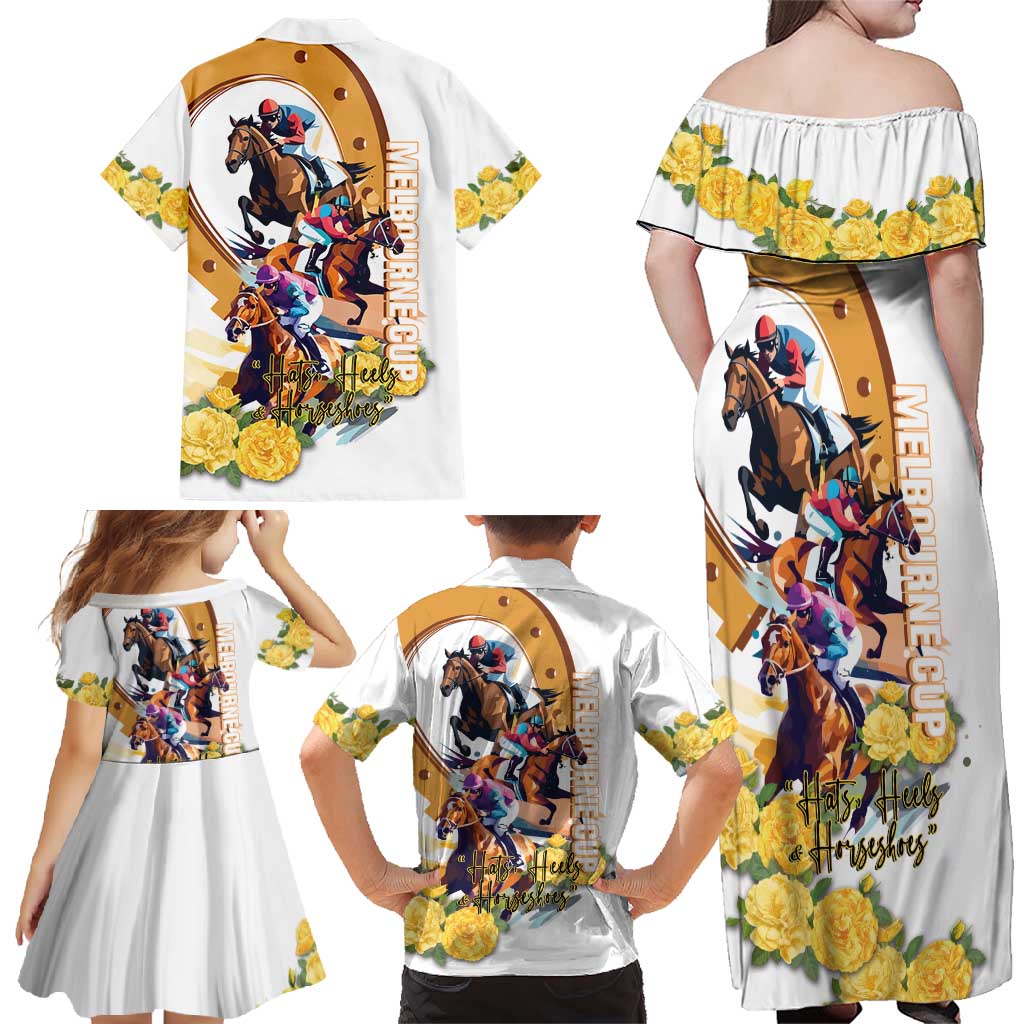 Melbourne Cup Australia Family Matching Off Shoulder Maxi Dress and Hawaiian Shirt Horse Racing Horseshoe Mix Yellow Roses - Wonder Print Shop