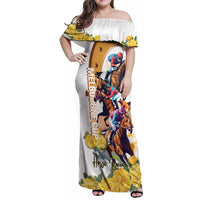 Melbourne Cup Australia Family Matching Off Shoulder Maxi Dress and Hawaiian Shirt Horse Racing Horseshoe Mix Yellow Roses - Wonder Print Shop