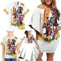 Melbourne Cup Australia Family Matching Off Shoulder Short Dress and Hawaiian Shirt Horse Racing Horseshoe Mix Yellow Roses - Wonder Print Shop