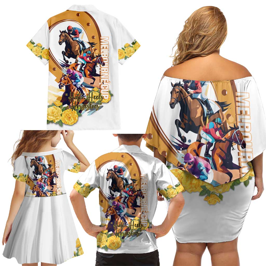 Melbourne Cup Australia Family Matching Off Shoulder Short Dress and Hawaiian Shirt Horse Racing Horseshoe Mix Yellow Roses - Wonder Print Shop